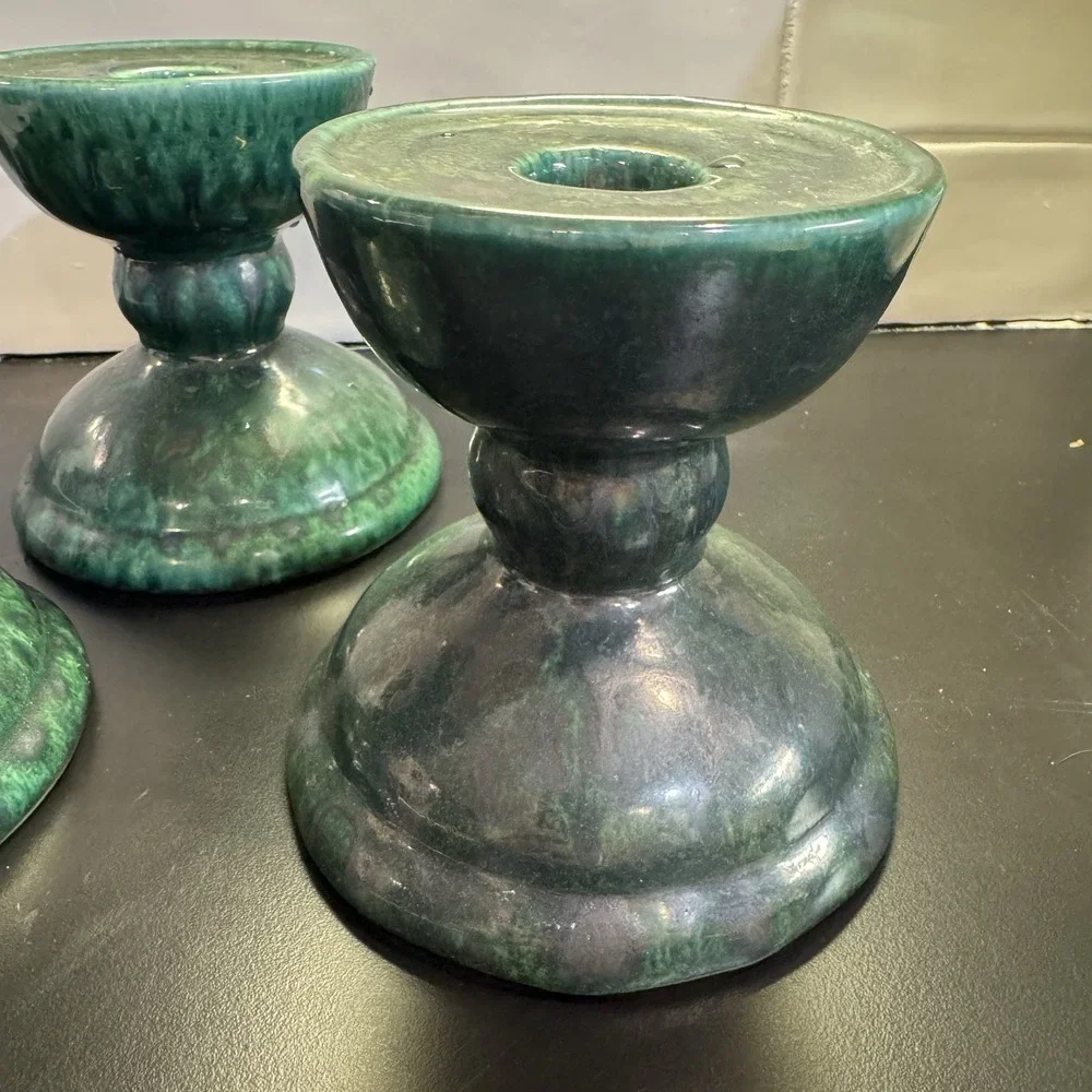 Vintage Gail Pittman Pottery Taper or Pillar Candle Holder Green  Signed Set 3‎